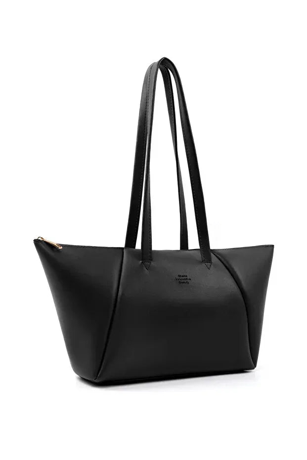 Black Faux Leather Compartment Zipper Hand Shoulder Crossbody Bag - Trustymall