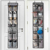 White hanging organizer with 12 clear pockets, filled with shoes, hanging on the back of a bedroom door.