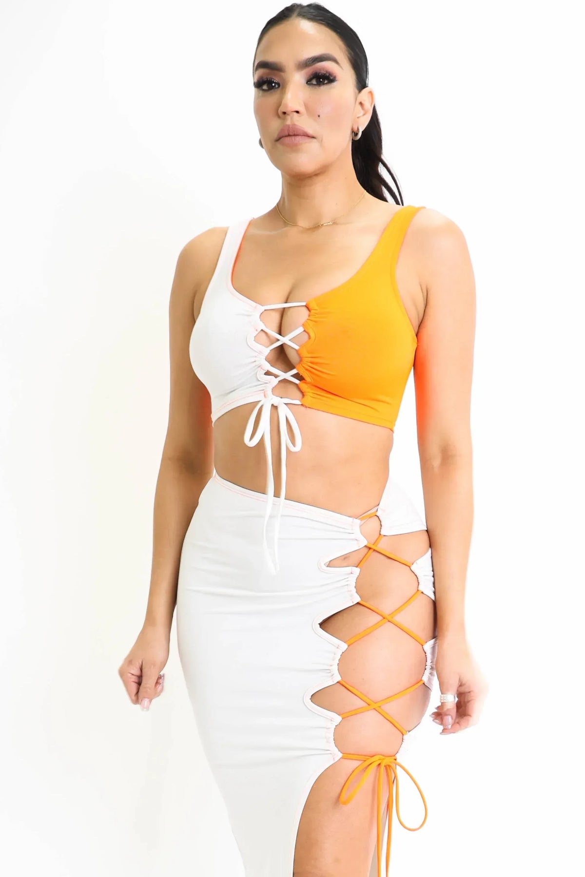 ColorBlock Side Lace up Top & Matching Maxi Skirt 2 Piece Outfit Set - Trustymall