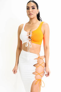 ColorBlock Side Lace up Top & Matching Maxi Skirt 2 Piece Outfit Set - Trustymall