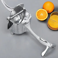 JuicyStar juice squeezer angled side view showcasing sturdy stainless steel design and size.