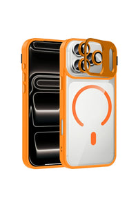 iPhone case with magnetic camera lens cover displayed with phone, showcasing protection.