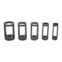 A set of metal valve spring compressor tools in five sizes, arranged neatly inside a black plastic carrying case.