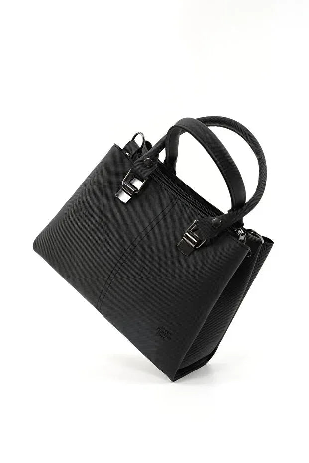 Black Faux Leather Zippered Handbag with 3 Compartments Adjustable Bag - Trustymall