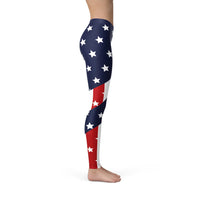 Front view of woman wearing leggings with American flag design in casual setting