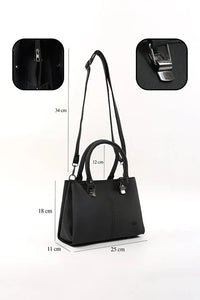 Black Faux Leather Zippered Handbag with 3 Compartments Adjustable Bag - Trustymall
