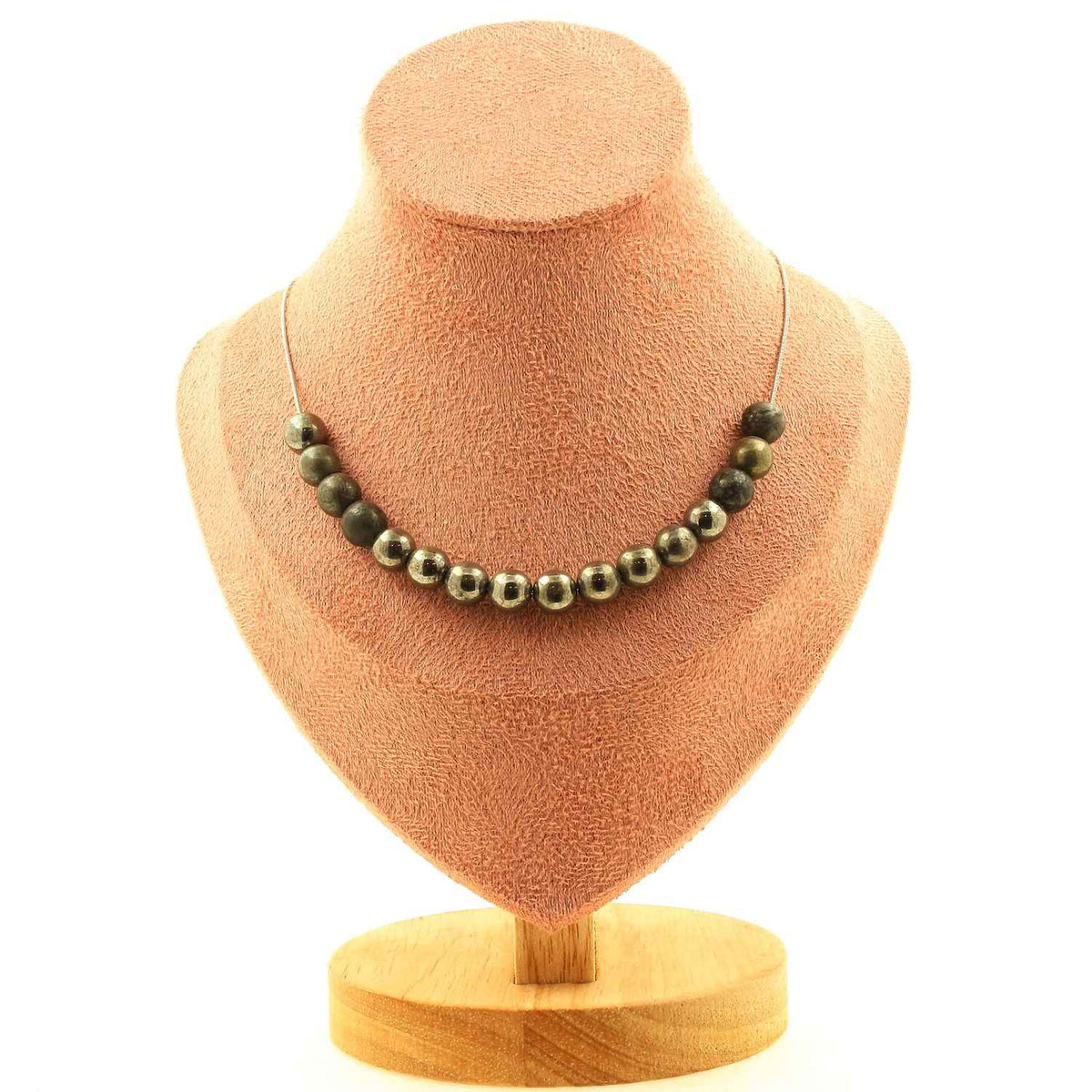 Pyrite from Spain 8 mm 15 beads necklace stainless steel chain