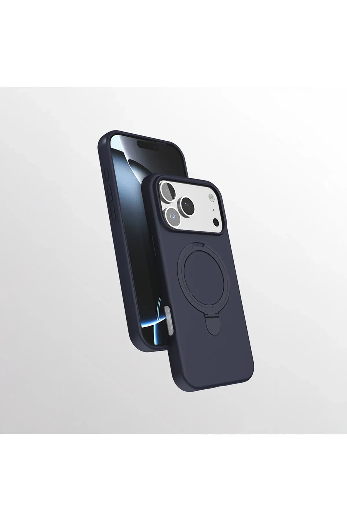 iPhone 17 Pro with magnetic charging ring case propped up using its built-in stand on a desk.