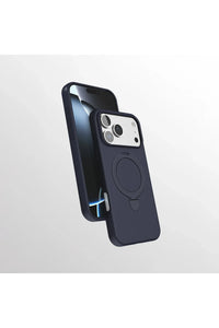iPhone 17 Pro with magnetic charging ring case propped up using its built-in stand on a desk.