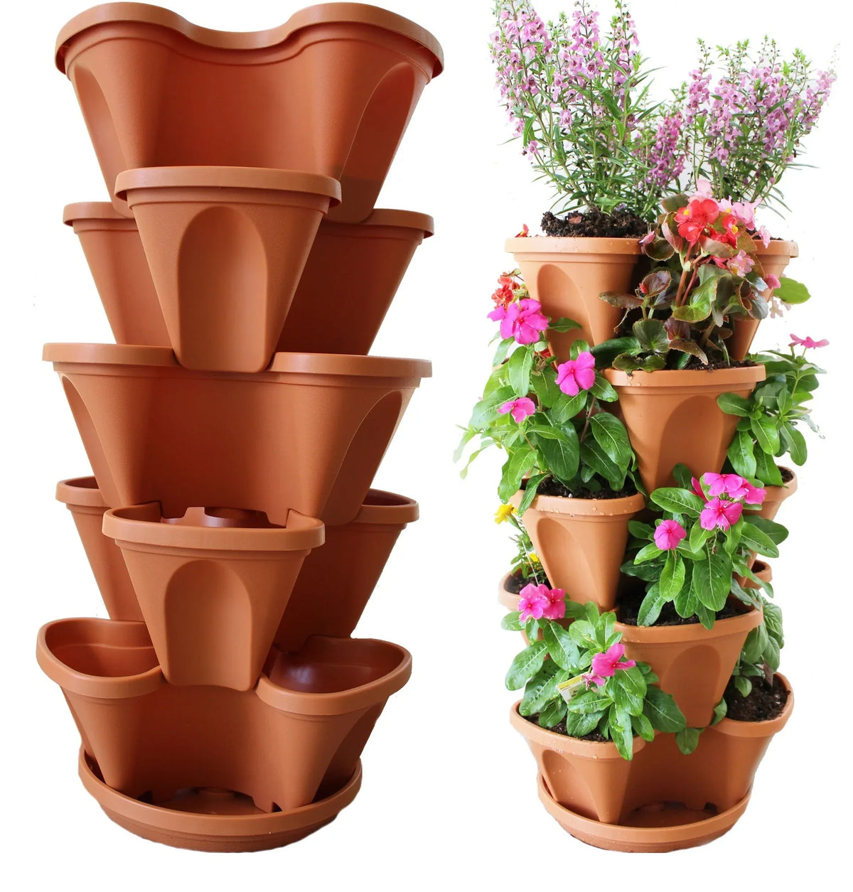 Five-tier stacking planters filled with colorful flowering plants, showcasing vibrant blooms and greenery.
