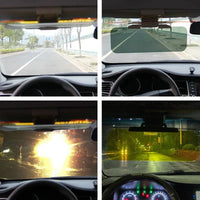 A car anti-dazzle visor attached to a vehicle's sun visor, filtering bright sunlight through the windshield.