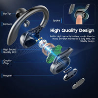 Red wireless Bluetooth sport headset showing LED power indicator on charging case