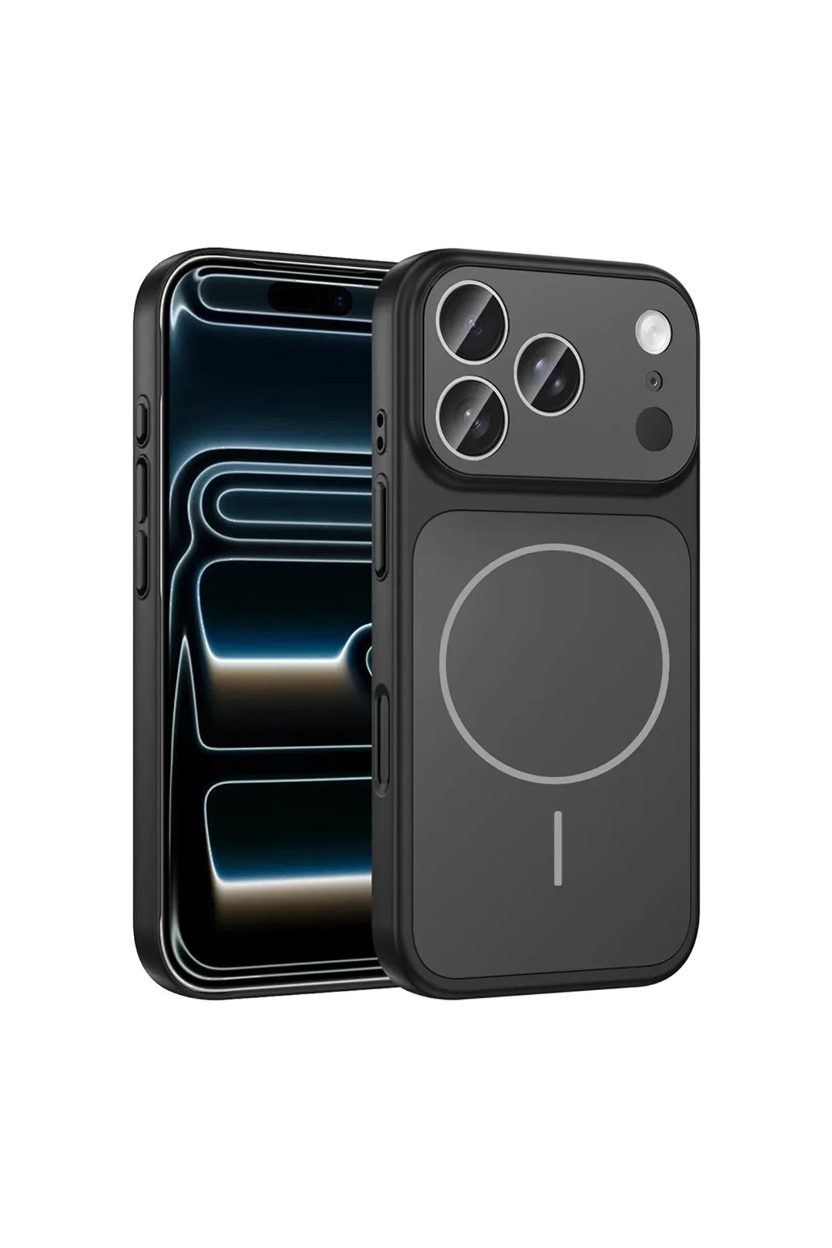 Black iPhone 17 Pro Max case with smooth matte finish shown from angled front view.