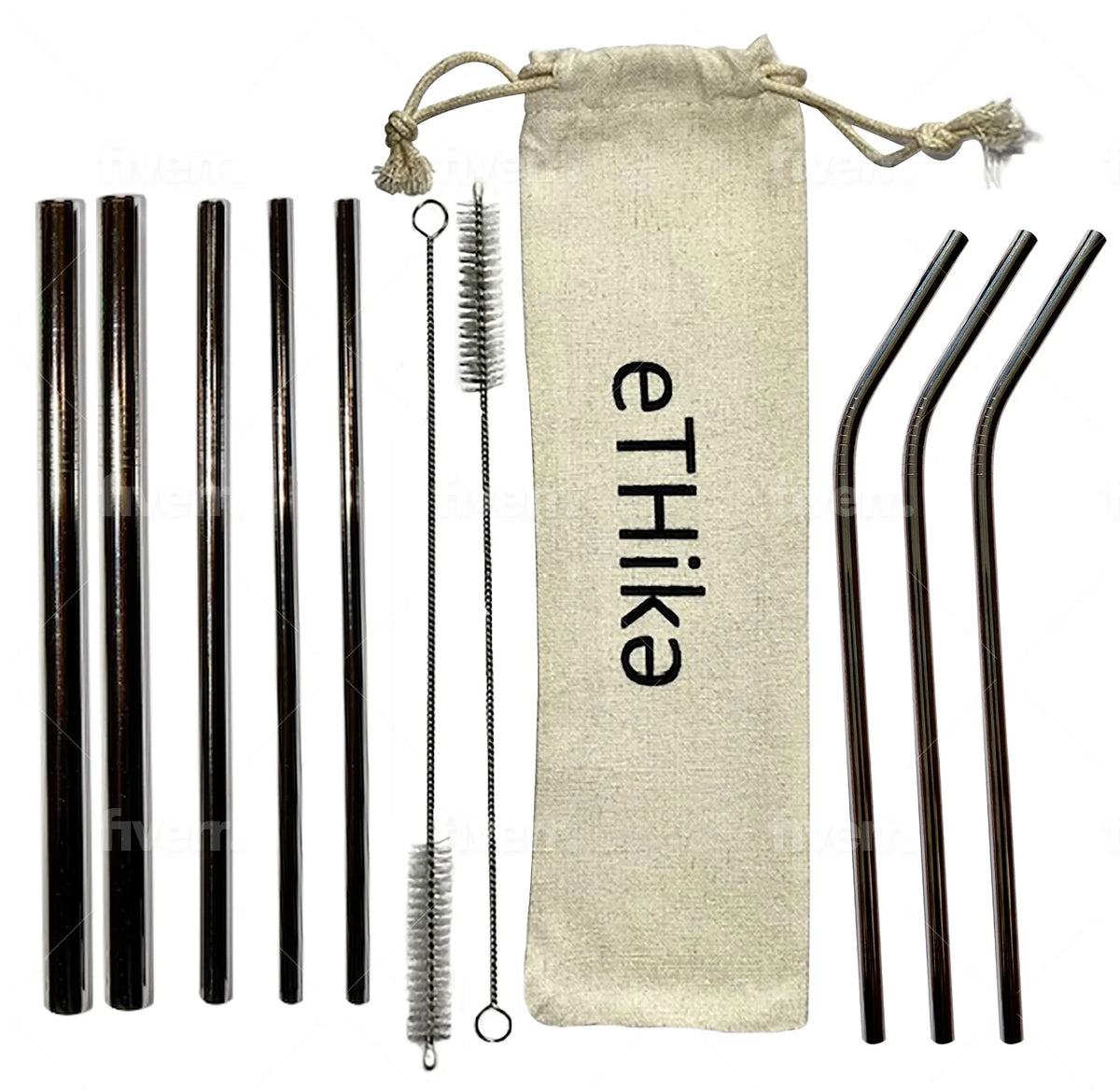 Cleaning brush for stainless steel straws displayed alongside the mini soft cotton carrying pouch.