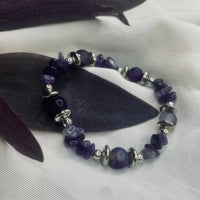 Purple agate chip bracelet curved in a circle showcasing colors and texture