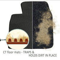 Top view of custom-fit taupe car floor mat placed inside vehicle's footwell.