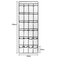 White over-the-door shoe organizer with 24 clear pockets filled with shoes and small accessories.