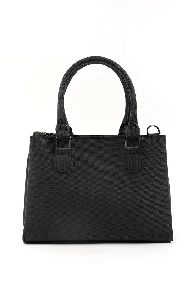 Black Faux Leather Zippered Handbag with 3 Compartments Adjustable Bag - Trustymall