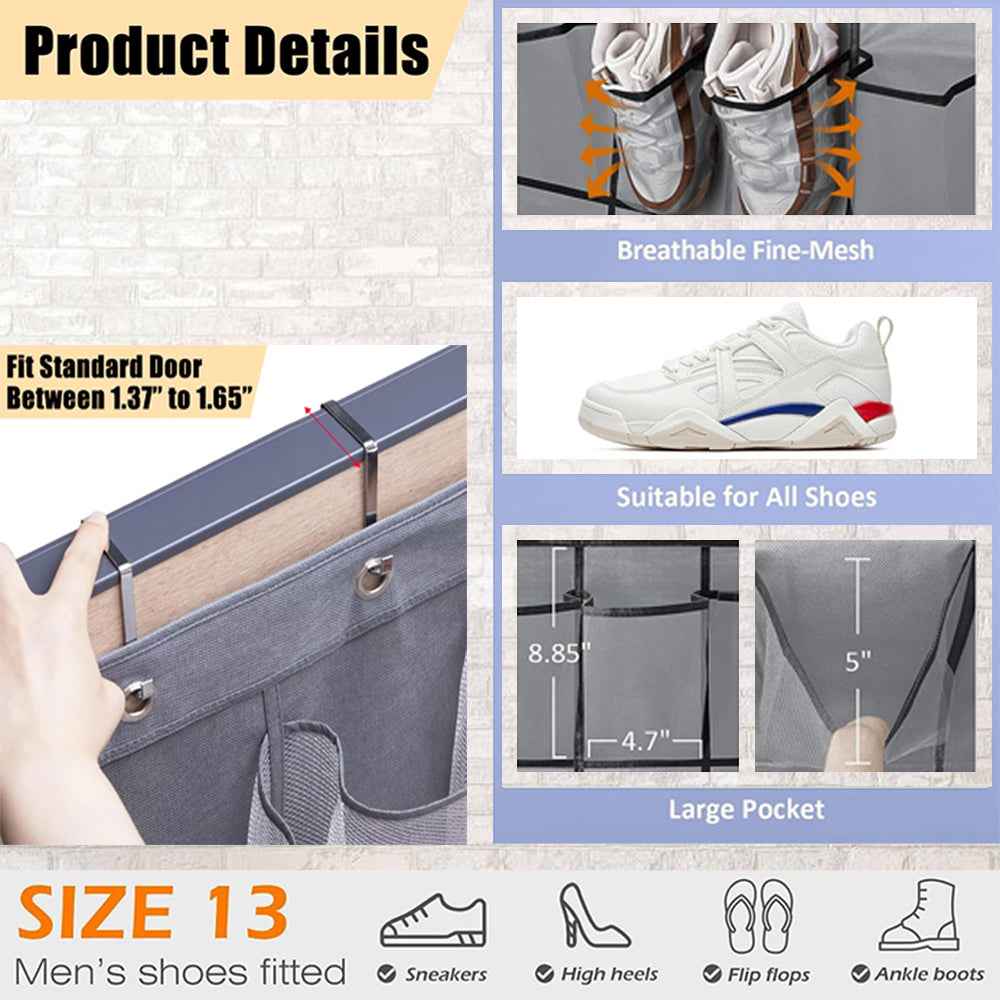 Over-the-door hanging organizer with 14 clear pockets, each holding a pair of shoes in a tidy arrangement.