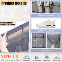 Over-the-door hanging organizer with 14 clear pockets, each holding a pair of shoes in a tidy arrangement.