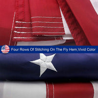 American flag mounted outdoors on a pole fluttering against a clear blue sky.