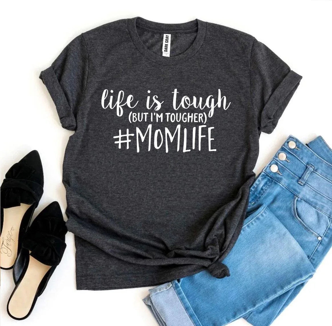Side angle of white #Momlife T-shirt highlighting soft cotton material