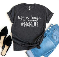 Side angle of white #Momlife T-shirt highlighting soft cotton material