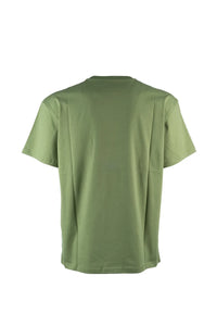 Close-up of the logo patch on the left chest of a men's summer cotton T-shirt.