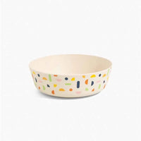 Set of four bamboo bowls with distinct floral and leaf patterns, arranged side by side.