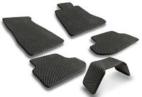Close-up of taupe-colored car floor mat showing dirt and liquid protective texture.