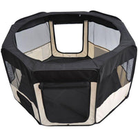Puppy resting comfortably inside the PawHut soft pet playpen with mesh ventilation.
