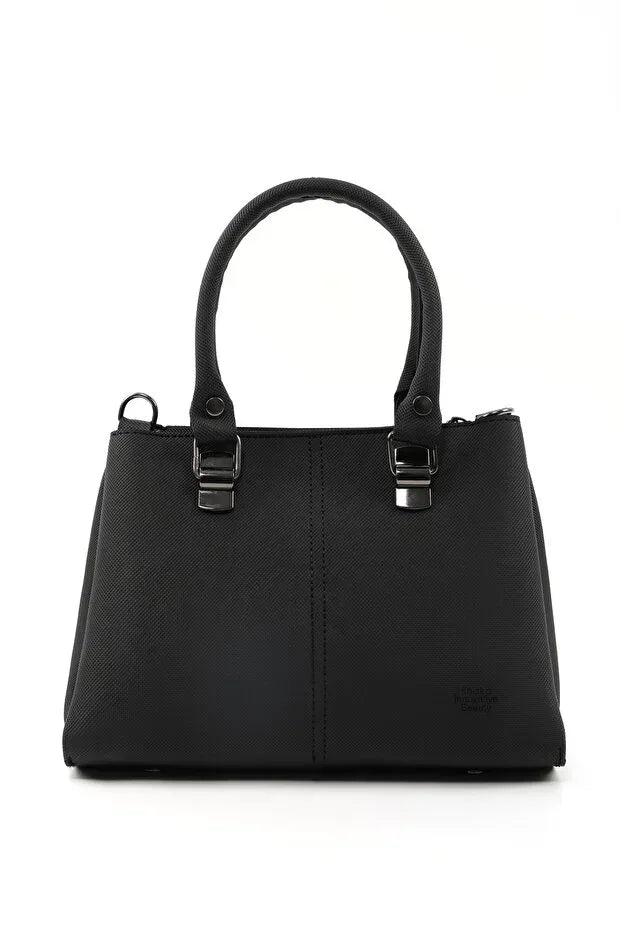 Black Faux Leather Zippered Handbag with 3 Compartments Adjustable Bag - Trustymall