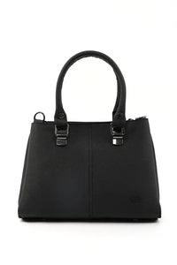 Black Faux Leather Zippered Handbag with 3 Compartments Adjustable Bag - Trustymall