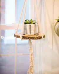 Scale diagram showing dimensions of macrame plant hanger with 45 inch length and 12 inch wooden tray.