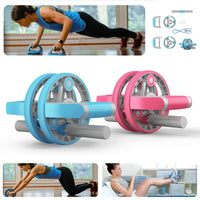 Multifunctional abdominal wheel set components arranged including wheel, straps, and handlebars on white background.