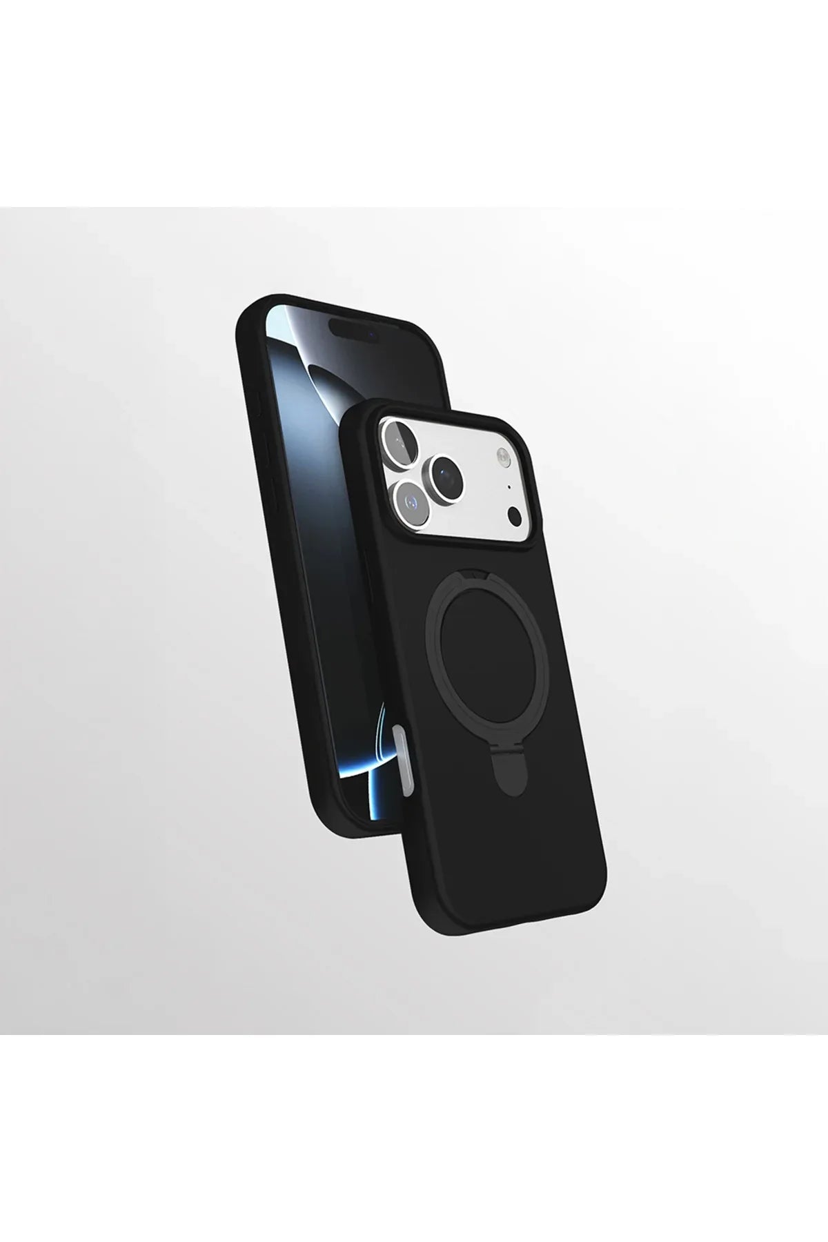 Colorful iPhone 17 Pro case with magnetic charging ring and built-in stand on a white background.