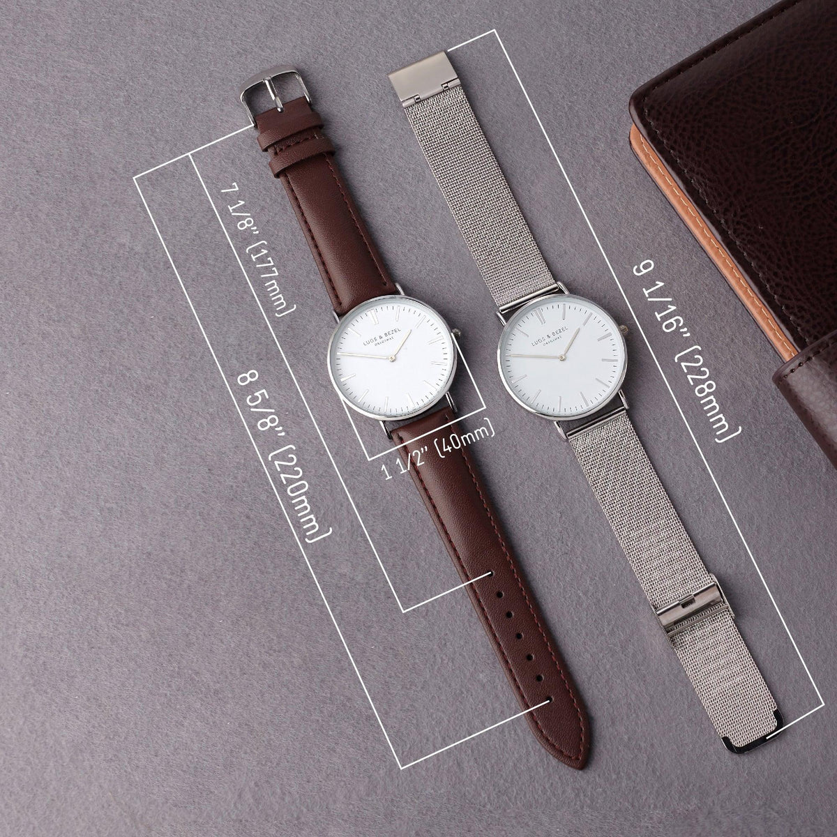 Leather watch band with six adjustable holes laid out next to stainless steel watch case.