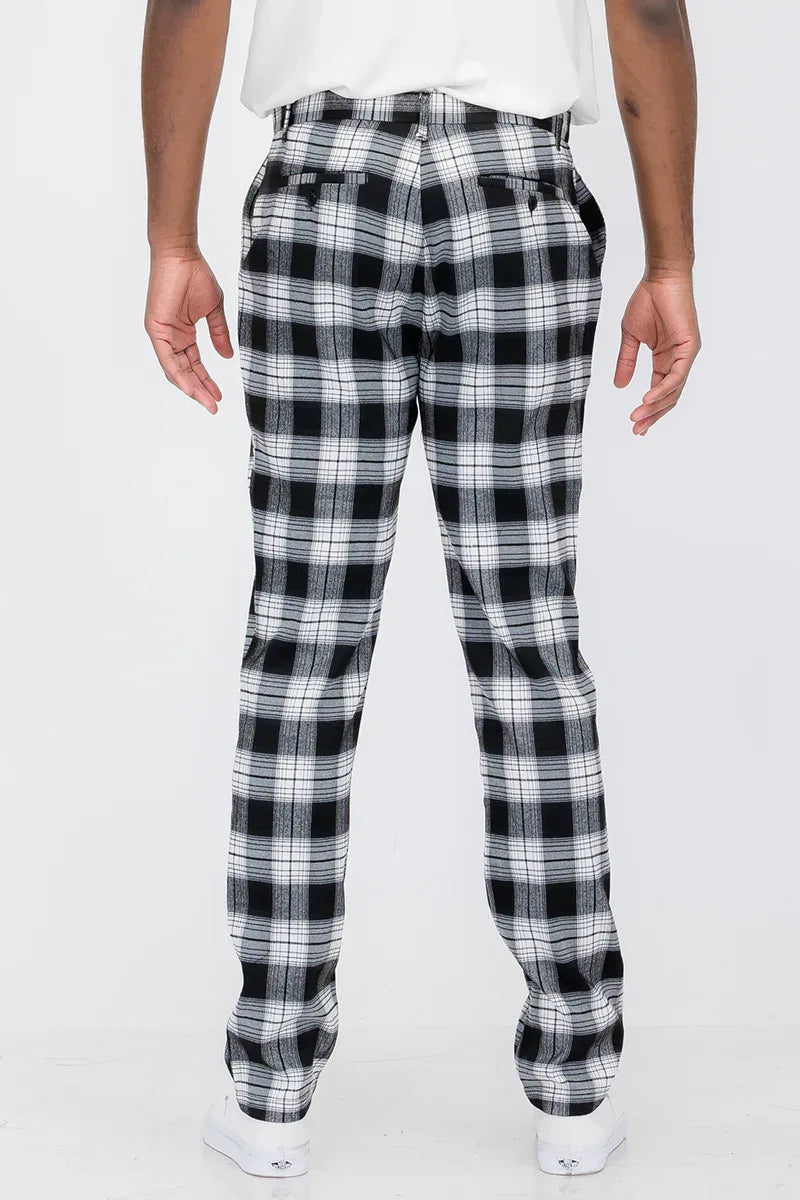 Back view of plaid slim fit trousers featuring two back pockets with button closures.