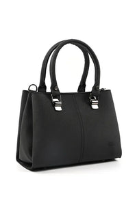 Black Faux Leather Zippered Handbag with 3 Compartments Adjustable Bag - Trustymall