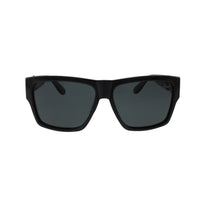 Side view highlighting the metal obelisk design on the black square frame of Jase New York Carter sunglasses.