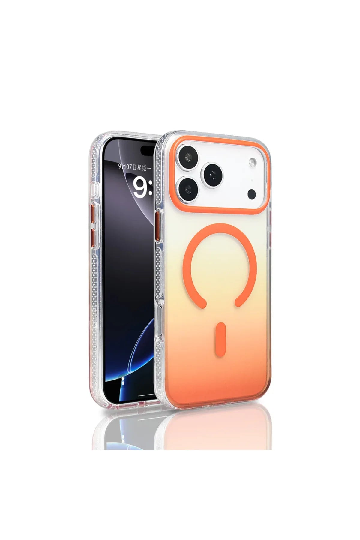 Rainbow gradient transparent iPhone 17 Pro Max case illuminated showing dynamic color shifts