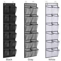 White hanging shoe organizer with 12 clear pockets displayed on a door, holding various shoes and accessories.