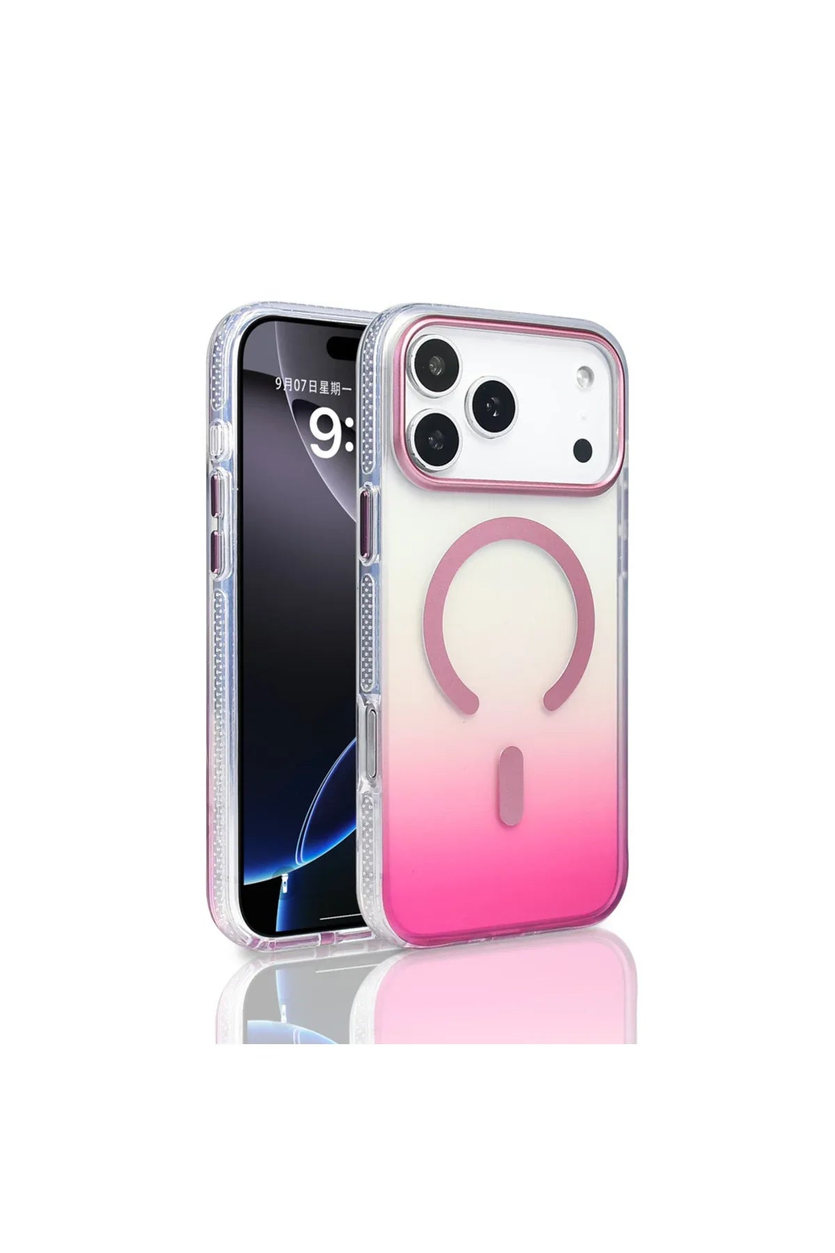iPhone 17 Pro Max in clear case with bright rainbow gradient colors visible under varying light angles