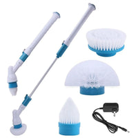 Rechargeable spin scrubber with brush head shown in use on kitchen surface.