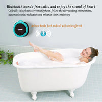 Mini portable waterproof Bluetooth speaker shown hanging from backpack strap using metal hook