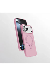 User holding iPhone 17 Pro with magnetic charging ring stand case in a stylish vibrant color.