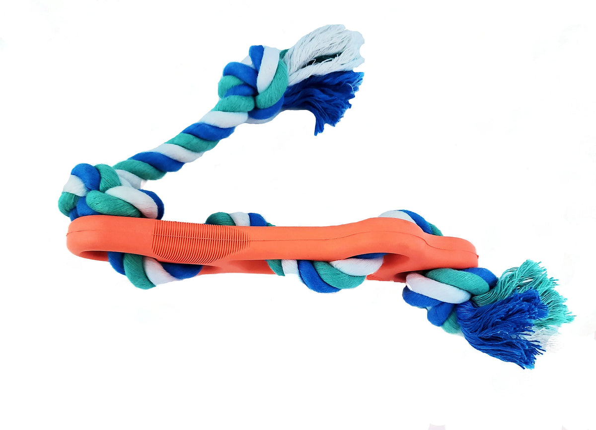 Infographic describing benefits of ribbed rubber bone chew toy for dental health and play.