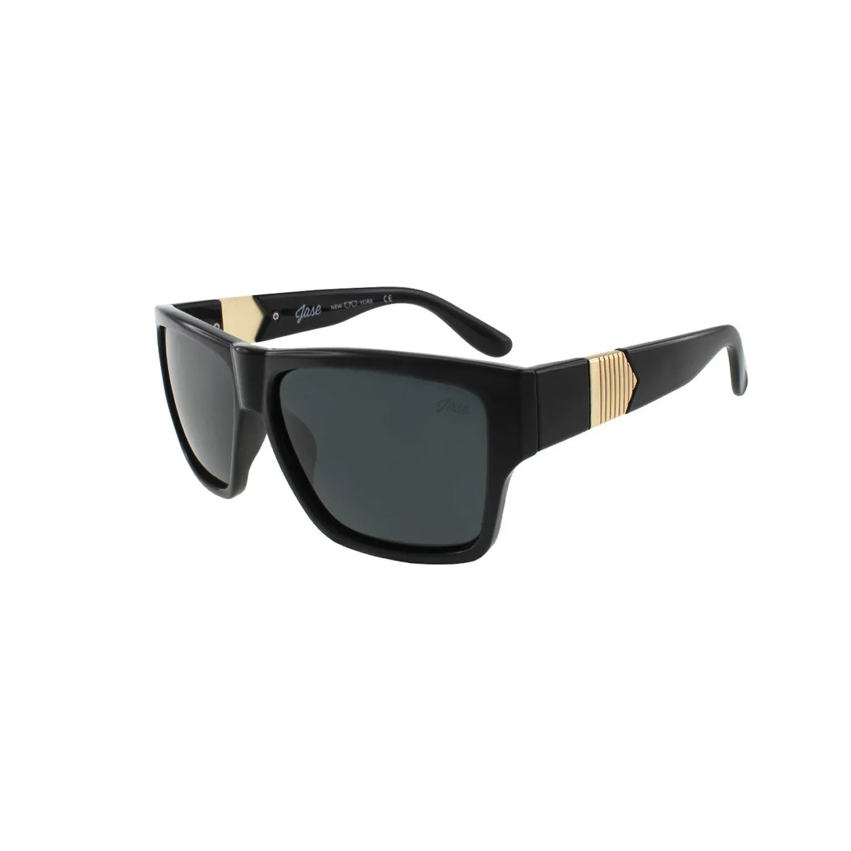 Close-up of black Jase New York Carter sunglasses showcasing pyramid-like metal obelisk detail on frame sides.