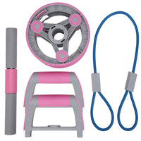 User demonstrating abdominal wheel rollouts on wooden floor to strengthen core and arms.