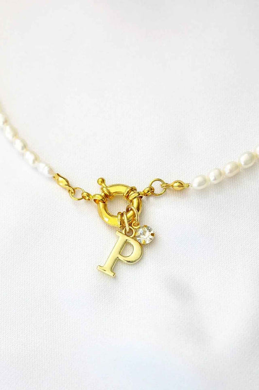 24 Karats Custom Initial  Freshwater Pearls Front Opening Choker